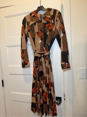 Vintage Brown Floral Midi Dress with Orange Accents